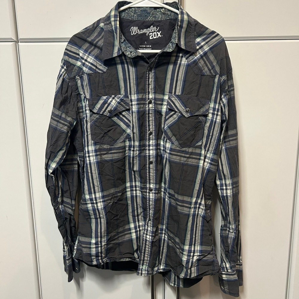 Wrangler 20X Mens Western Snap Shirt Gray Blue Plaid Long Sleeve MJ1259M L